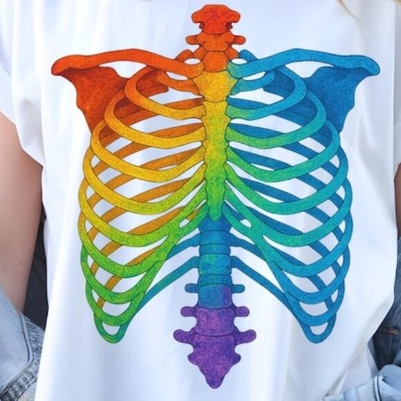 Skeleton Rainbow Rib T-shirt, Skeleton Gothic Tee - Picture 2 of 4